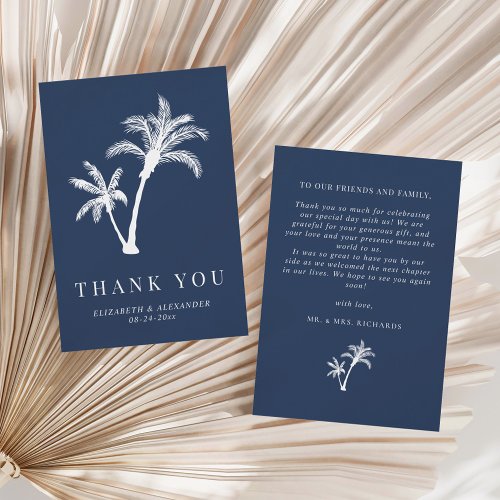 Navy Blue Palm Tree Tropical Beach Wedding Thank You Card