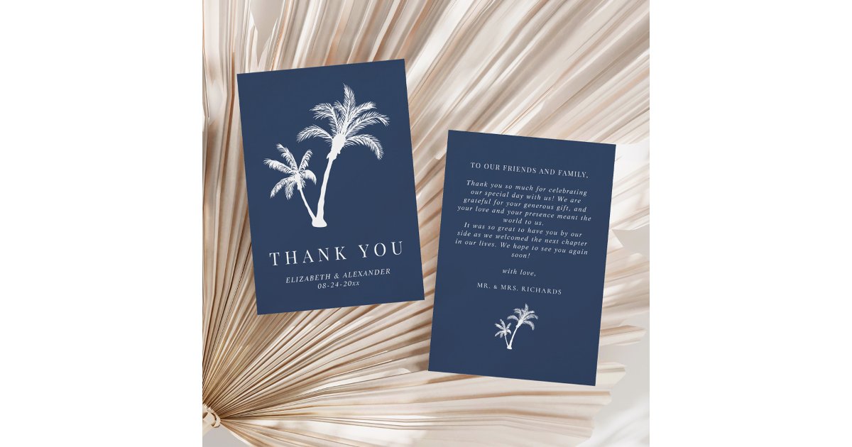 Navy Blue Palm Tree Tropical Beach Wedding Thank You Card | Zazzle