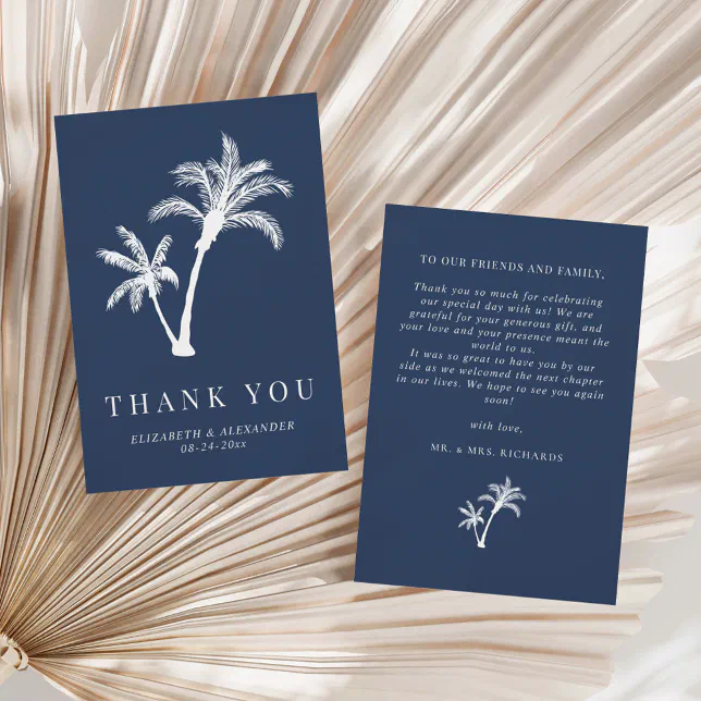 Navy Blue Palm Tree Tropical Beach Wedding Thank You Card | Zazzle