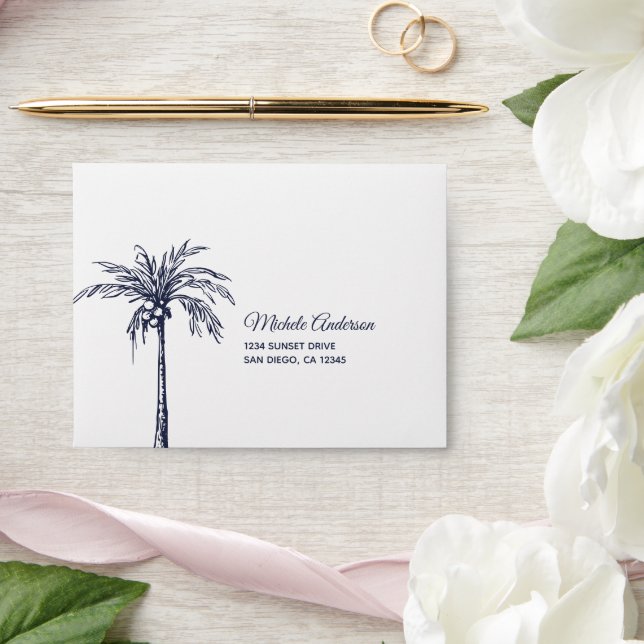 Navy Blue Palm Tree Wedding RSVP Envelope (Wedding)