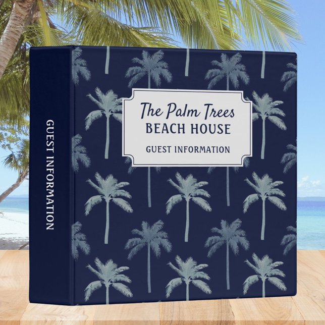 Navy Blue Palm Trees Beach House Guest Information 3 Ring Binder (In situ)