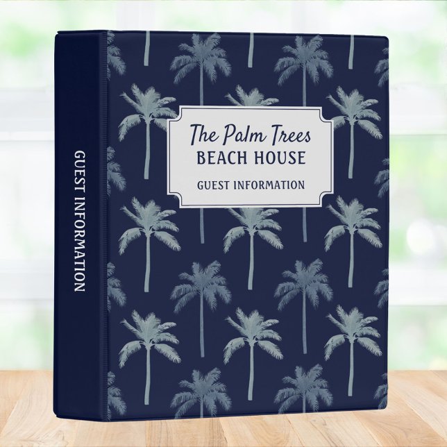 Navy Blue Palm Trees Beach House Guest Information Mini Binder (In situ)
