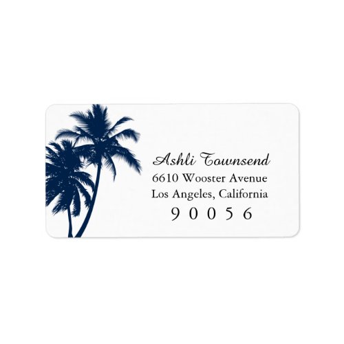 Navy Blue Palm Trees Destionatin Wedding Stamp Label
