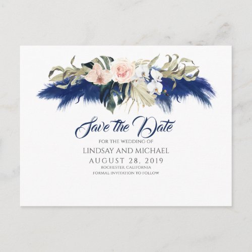 Navy Blue Pampas Grass Exotic Save the Date Postcard