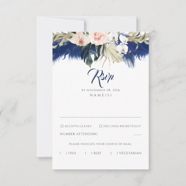 Navy Blue Pampas Grass Floral Tropics Wedding RSVP (Front)