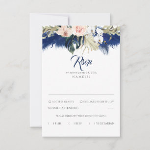 Navy Blue Pampas Grass Floral Tropics Wedding RSVP