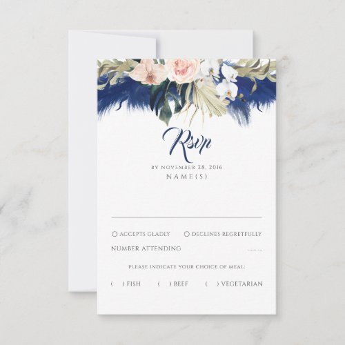 Navy Blue Pampas Grass Floral Tropics Wedding RSVP