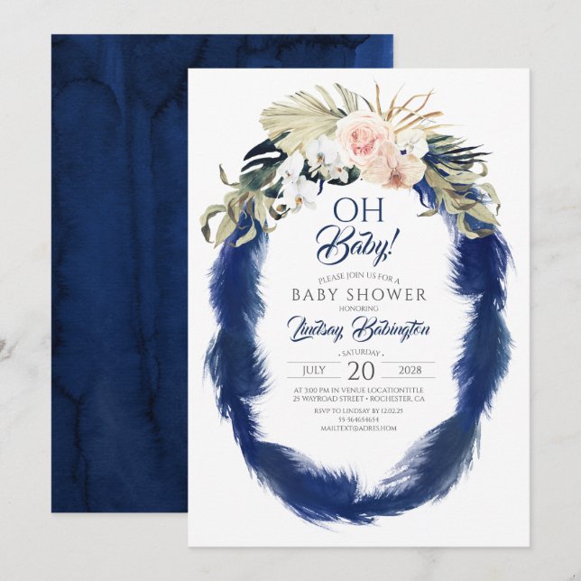 Navy Blue Pampas Grass Tropical Baby Shower Invitation (Front/Back)