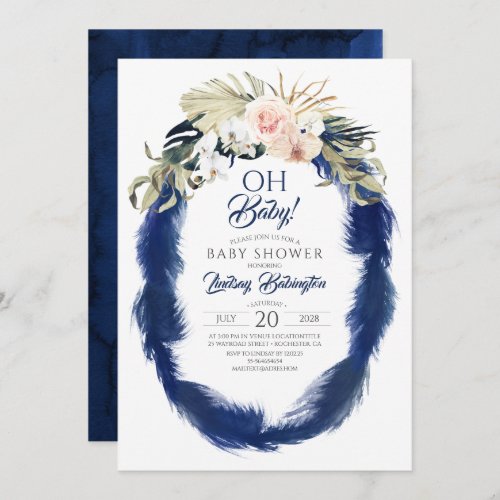 Navy Blue Pampas Grass Tropical Baby Shower Invitation