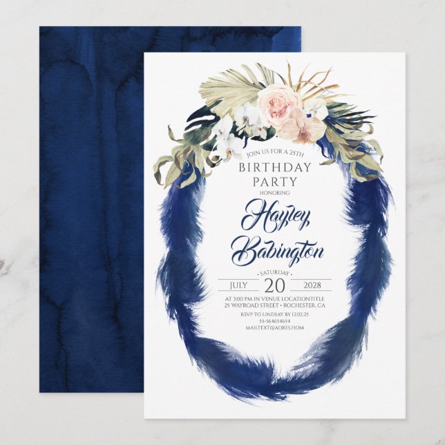 Navy Blue Pampas Grass Tropical Birthday Party Invitation (Front/Back)