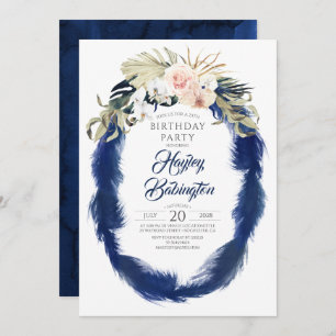 Navy Blue Pampas Grass Tropical Birthday Party Invitation