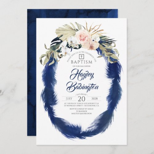 Navy Blue Pampas Grass Tropical Floral Baptism Invitation