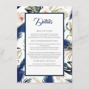 Navy Blue Pampas Grass Tropical Wedding Details Enclosure Card