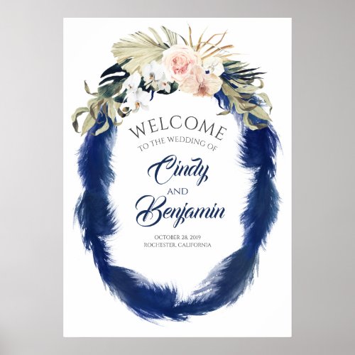 Navy Blue Pampas Grass Tropical Wedding Welcome Poster
