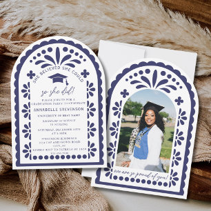 Navy Blue Papel Picado Talavera Photo Graduation Invitation