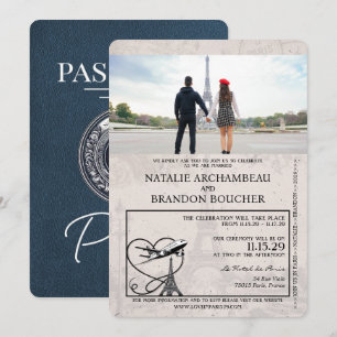 Navy Blue Paris Passport Wedding Invitation