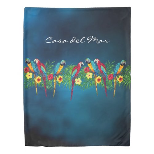 Navy blue parrots birds house name duvet cover