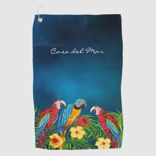 Navy blue parrots birds house name golf towel