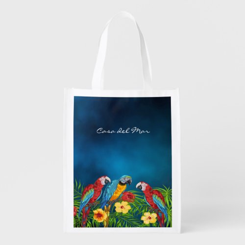 Navy blue parrots birds name script grocery bag