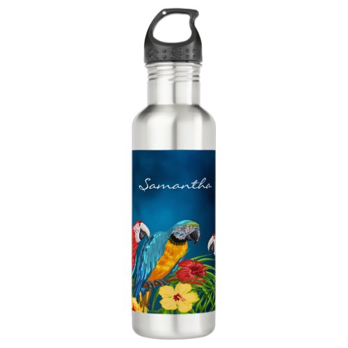 Navy blue parrots birds name script stainless steel water bottle