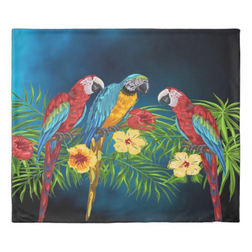 Navy blue parrots birds palm leaves duvet cover