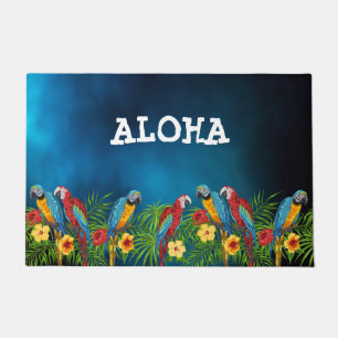 Navy blue parrots birds summer aloha doormat
