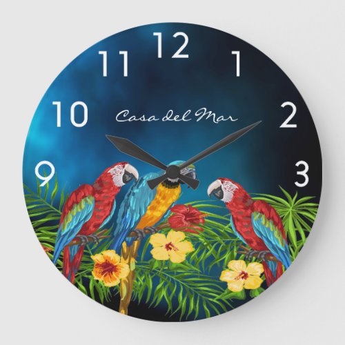 Navy blue parrots birds summer house name large clock