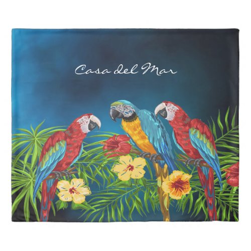 Navy blue parrots birds tropical house name duvet cover