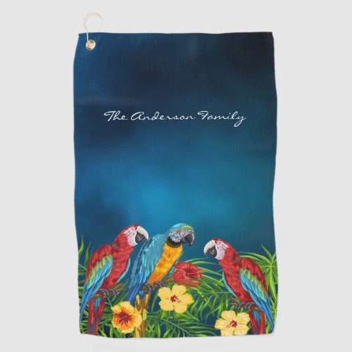 Navy blue parrots house name golf towel