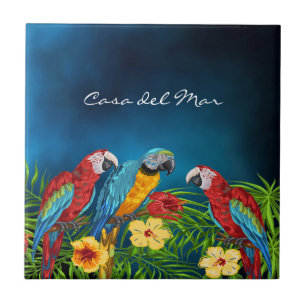 Navy blue parrots leaves summer house name ceramic tile