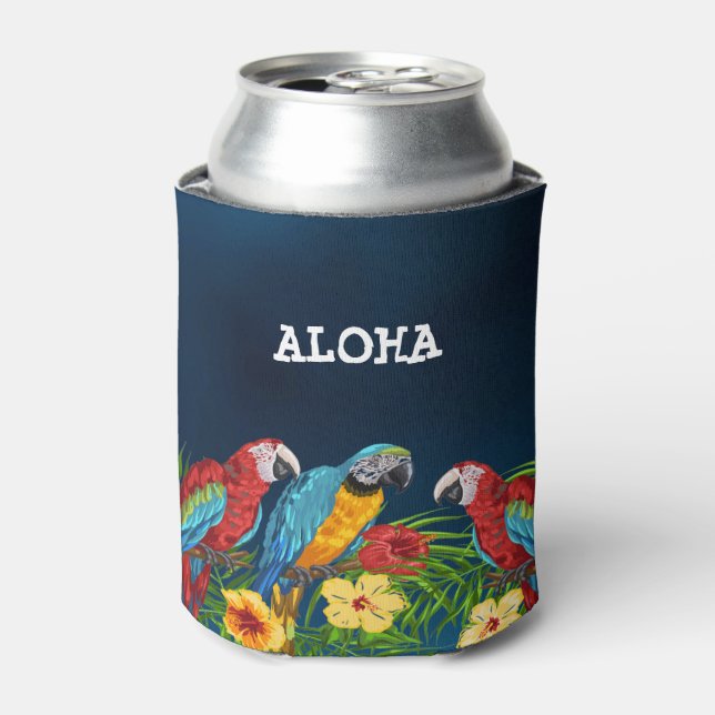 Navy blue parrots palm leaves aloha can cooler (Can Front)