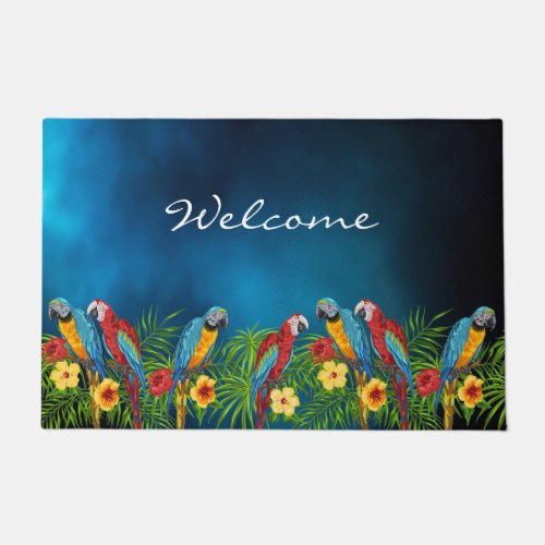 Navy blue parrots summer house name doormat