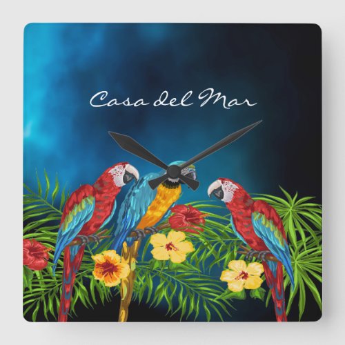 Navy blue parrots summer house name square wall clock
