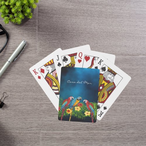 Navy blue parrots tropical house name poker cards