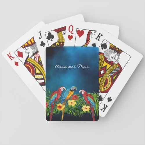 Navy blue parrots tropical house name poker cards
