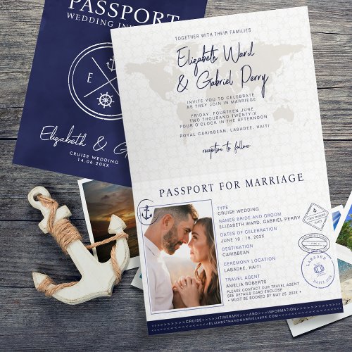 Navy Blue Passport Destination Cruise Wedding  Invitation