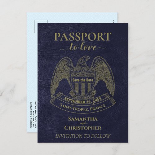 Navy Blue Passport Fun Wedding Save the Date Announcement Postcard