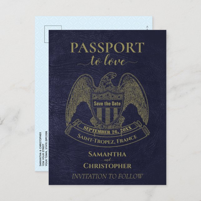 Navy Blue Passport Fun Wedding Save the Date Announcement Postcard (Front/Back)