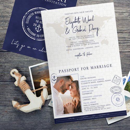 Navy Blue Passport Nautical Destination Wedding  Invitation
