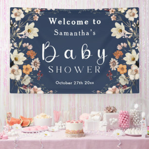 Navy Blue Pastel Boho Wildflower Baby Shower Banner