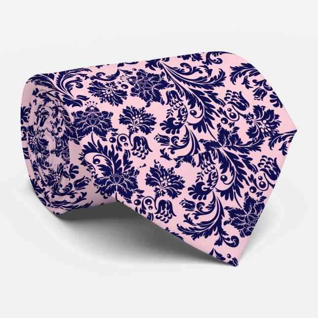 Navy Blue & Pastel Pink Floral Damasks Pattern Neck Tie (Rolled)