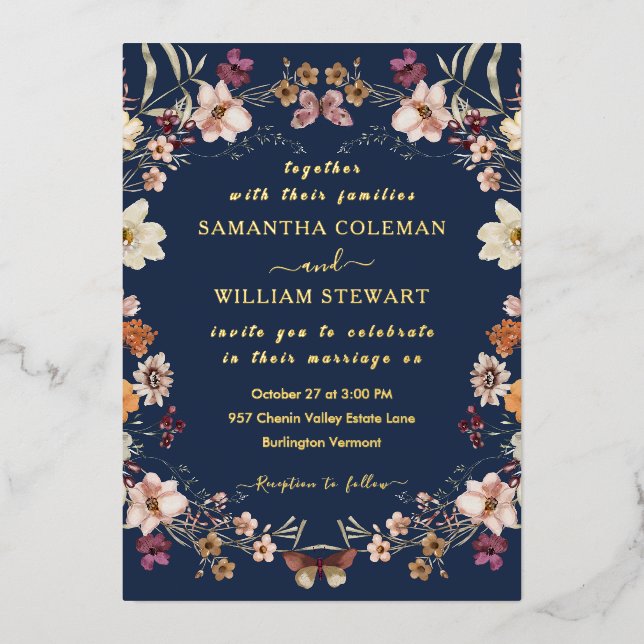 Navy Blue Pastel Wildflower Modern Boho Wedding Foil Invitation (Front)
