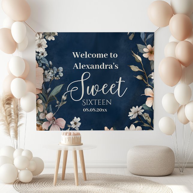 Navy Blue Pastel Wildflowers Sweet 16 Banner (Creator Uploaded)