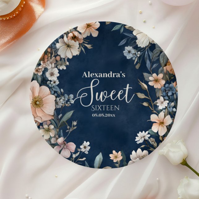 Navy Blue Pastel Wildflowers Sweet 16 Paper Plates (Creator Uploaded)