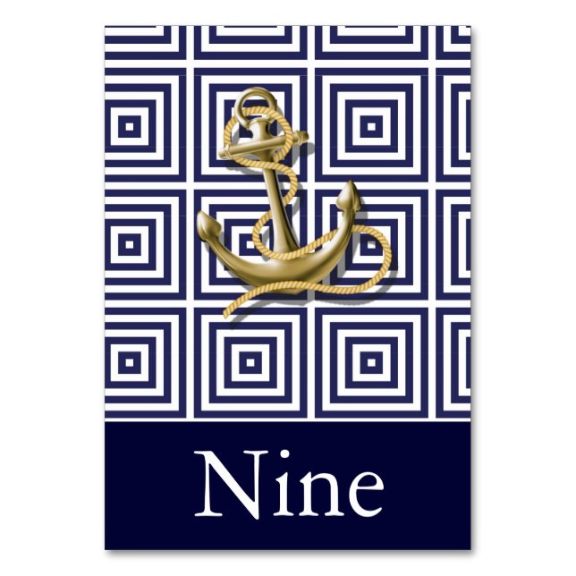 Navy Blue pattern anchor nautical wedding Table Number (Front)