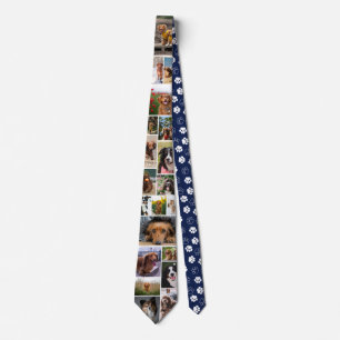 Navy Blue Paw Print Pattern Dog Photo Collage Neck Tie