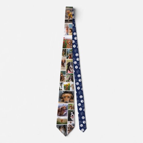 Navy Blue Paw Print Pattern Dog Photo Collage Neck Tie
