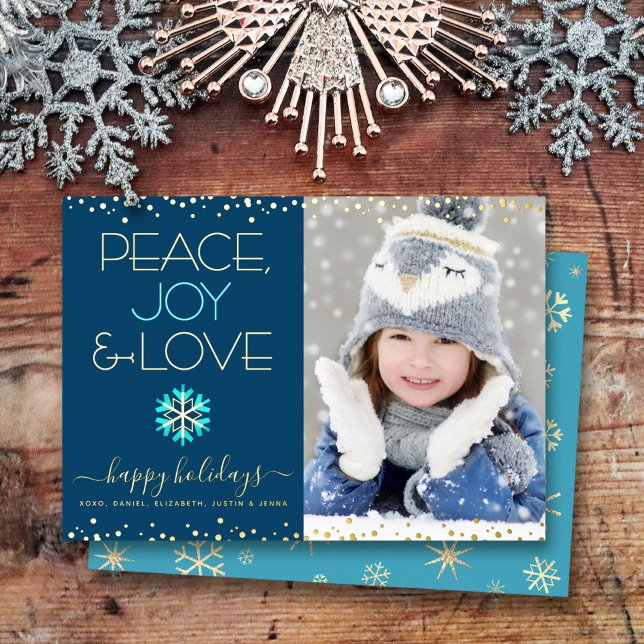 Navy Blue Peace Joy Love Photo Snowflake Real Gold Foil Holiday Card (Creator Uploaded)