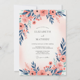 Navy Blue Peach Ethereal Spring Wedding Invitation