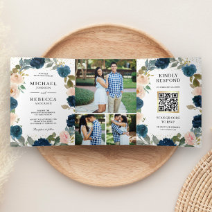 Navy Blue Peach Floral All in One QR Code Wedding Tri-Fold Invitation
